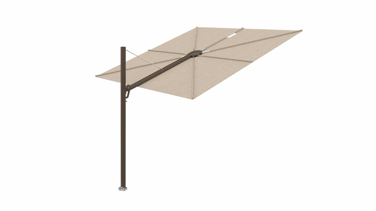 Spectra cantilever umbrella, straight (90°), 300 x 300 square, with frame in Bronze and Avena canopy.