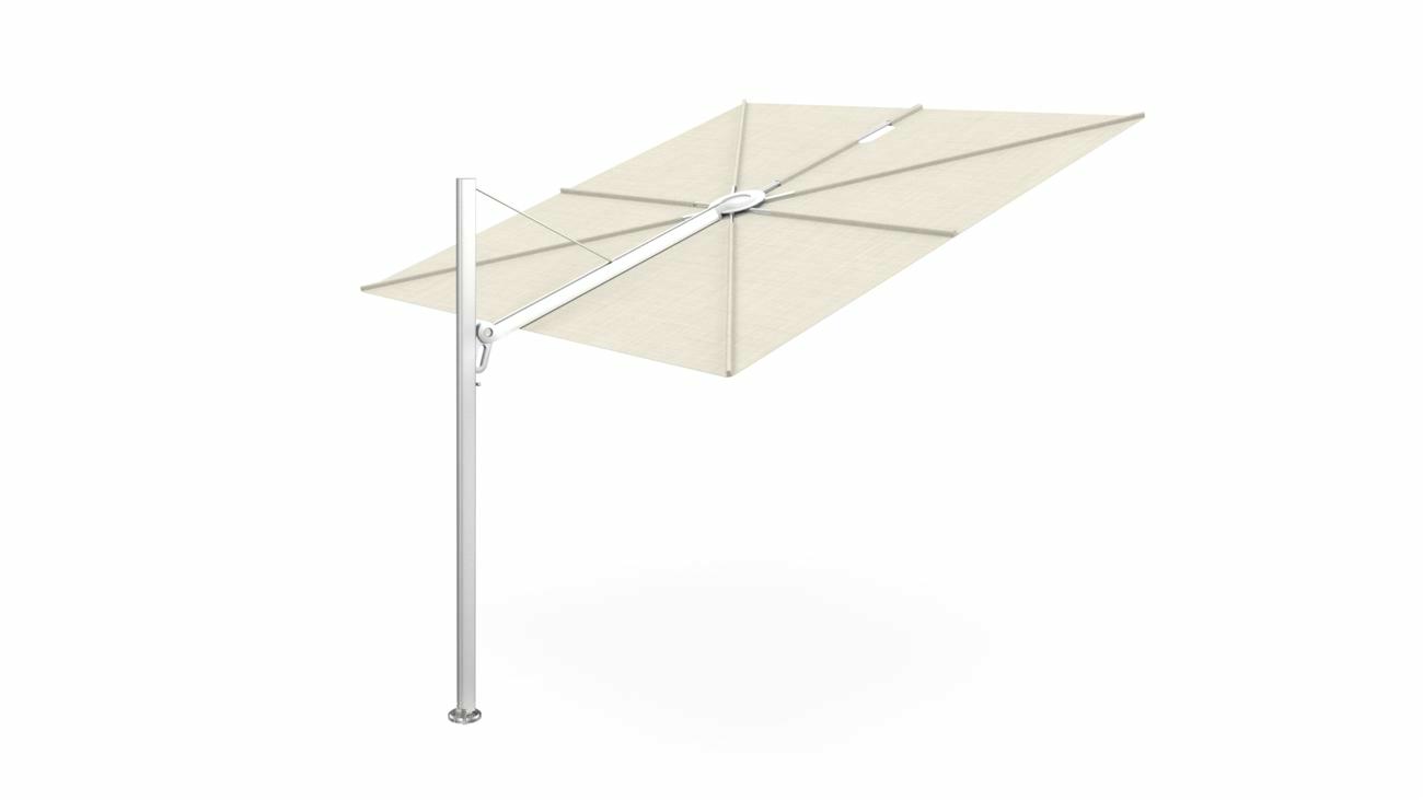 Spectra cantilever umbrella, straight (90°), 300 x 300 square, with frame in Aluminum and Lin canopy.