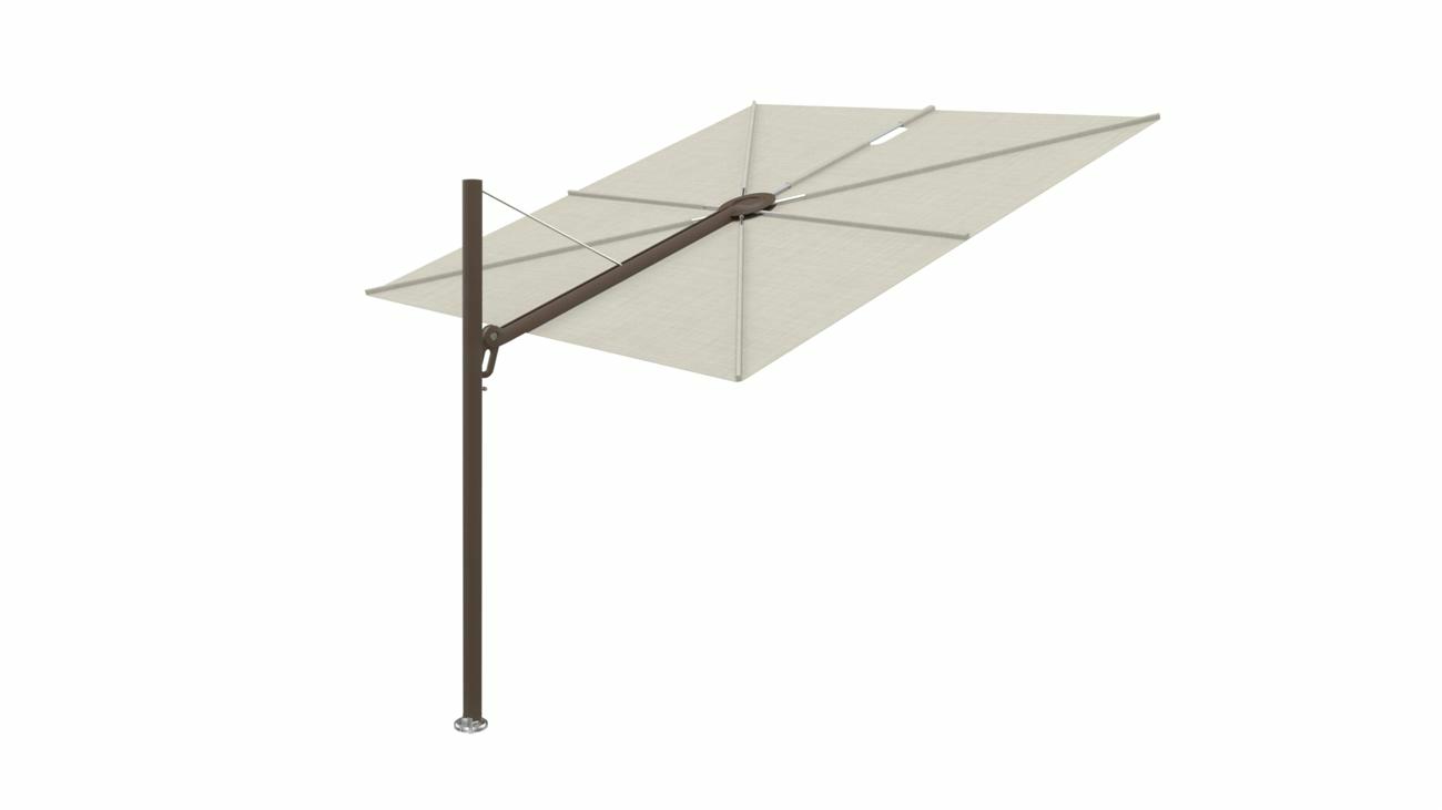 Spectra cantilever umbrella, straight (90°), 300 x 300 square, with frame in Bronze and Lin canopy.
