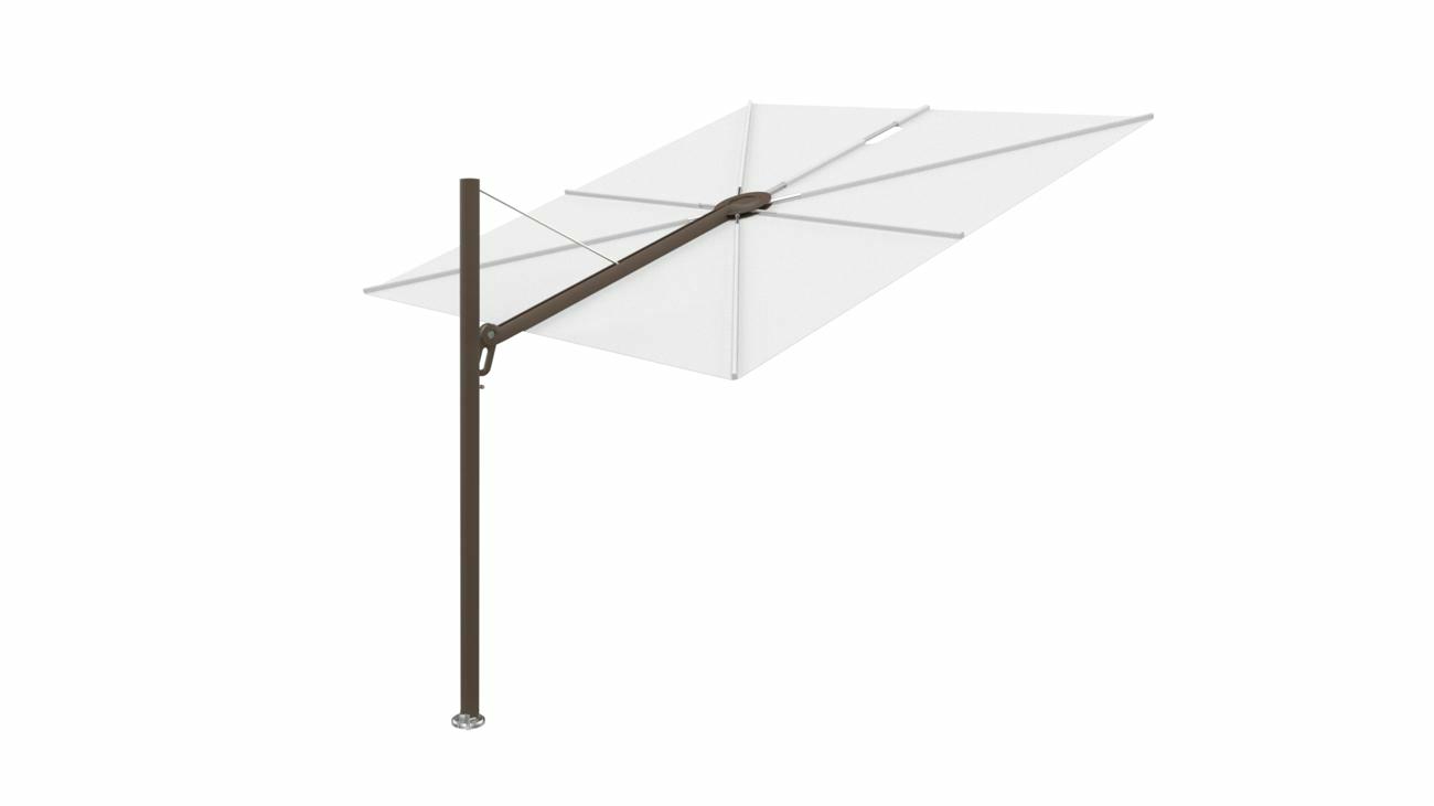 Spectra cantilever umbrella, straight (90°), 300 x 300 square, with frame in Bronze and Natural canopy.