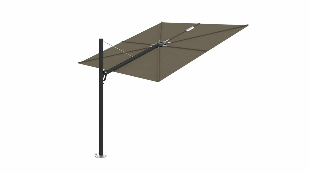 Spectra cantilever umbrella, straight (90°), 300 x 300 square, with frame in Black (15 cm) and Solidum Taupe canopy.