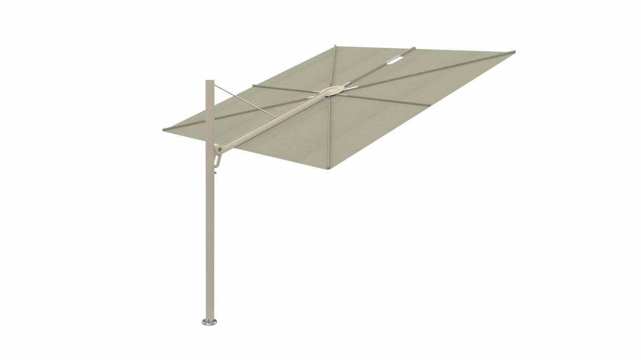 Spectra cantilever umbrella, straight (90°), 300 x 300 square, with frame in  Beige Limestone  and Apio  canopy.