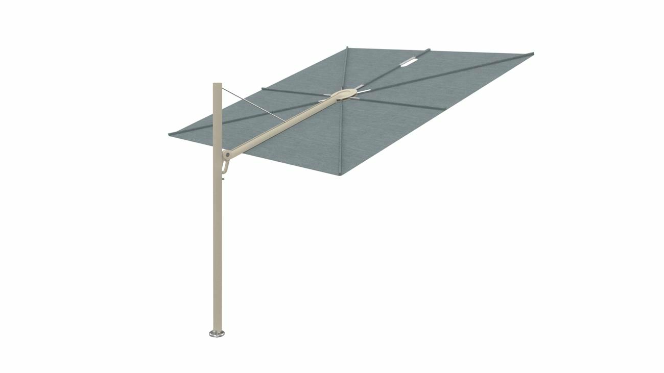 Spectra cantilever umbrella, straight (90°), 300 x 300 square, with frame in  Beige Limestone  and Acqua canopy.