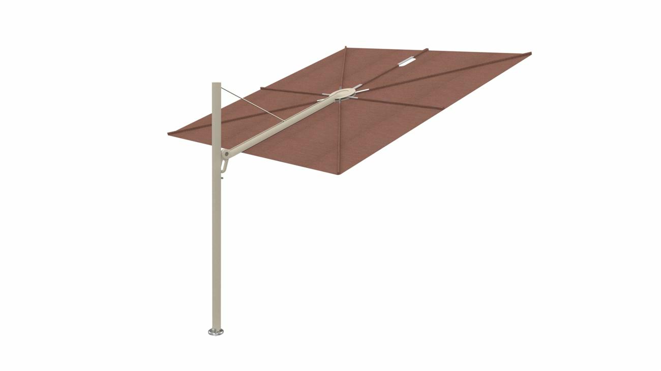 Spectra cantilever umbrella, straight (90°), 300 x 300 square, with frame in  Beige Limestone  and Terra canopy.