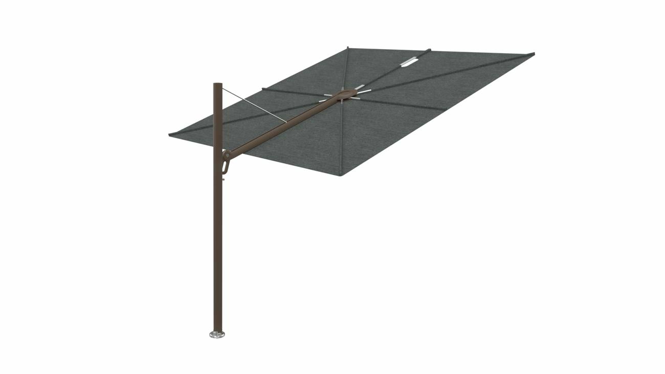 Spectra cantilever umbrella, straight (90°), 300 x 300 square, with frame in  Bronze  and Colorum Flanelle canopy.