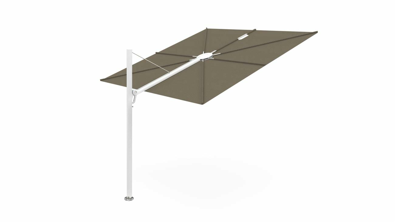 Spectra cantilever umbrella, straight (90°), 300 x 300 square, with frame in White  and Taupe  canopy.