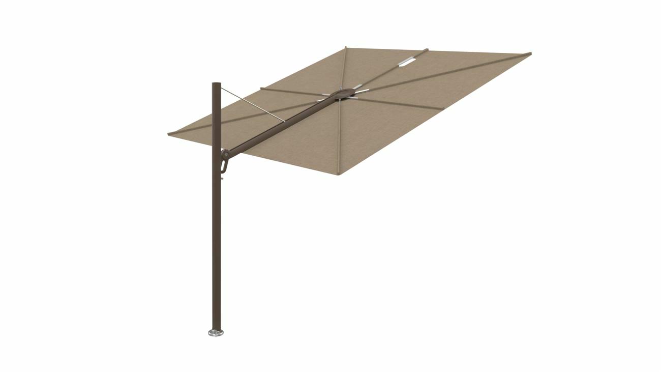 Spectra cantilever umbrella, straight (90°), 300 x 300 square, with frame in Bronze and Sand canopy.