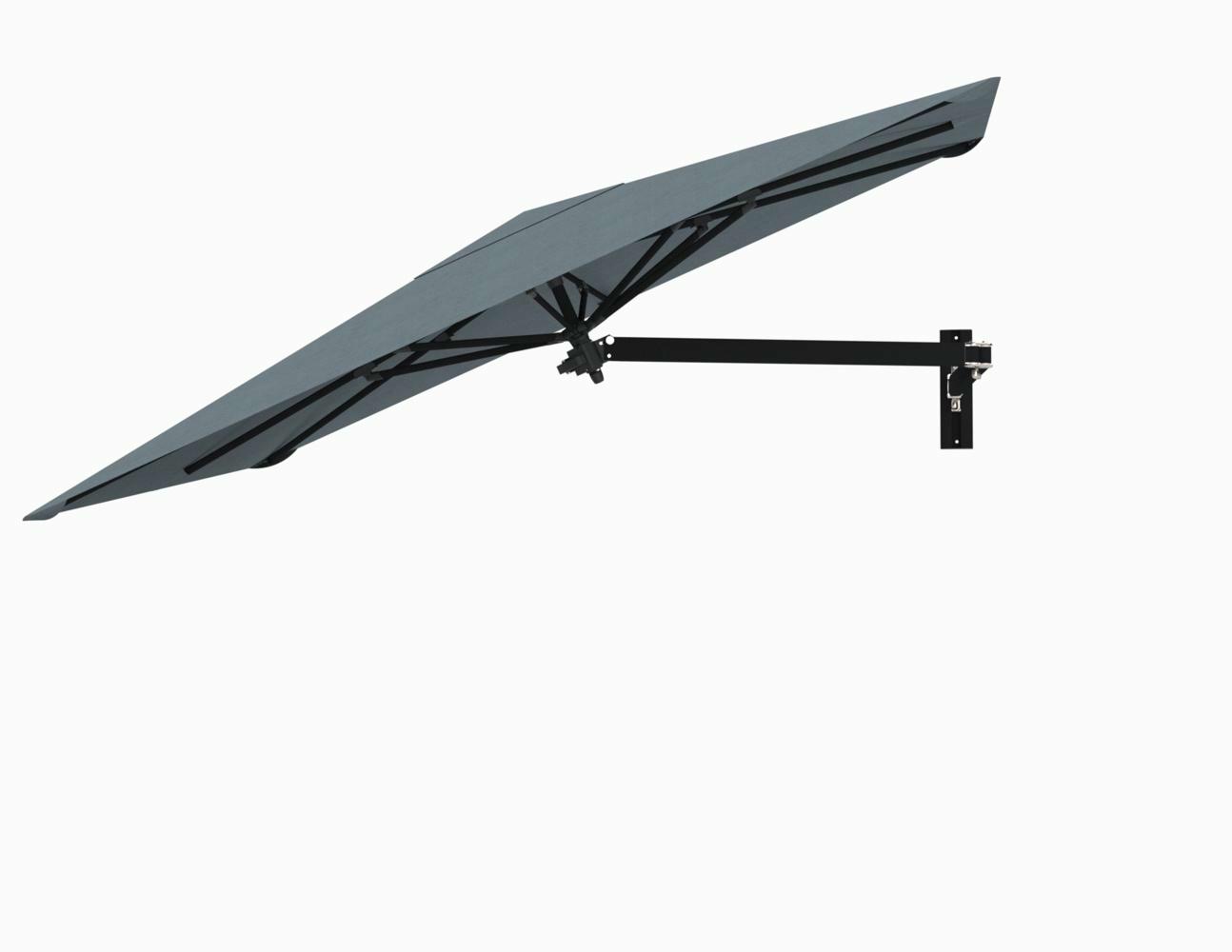 Paraflex wall mounted parasols square 2,3 m with Acqua fabric and a Neo arm in Black