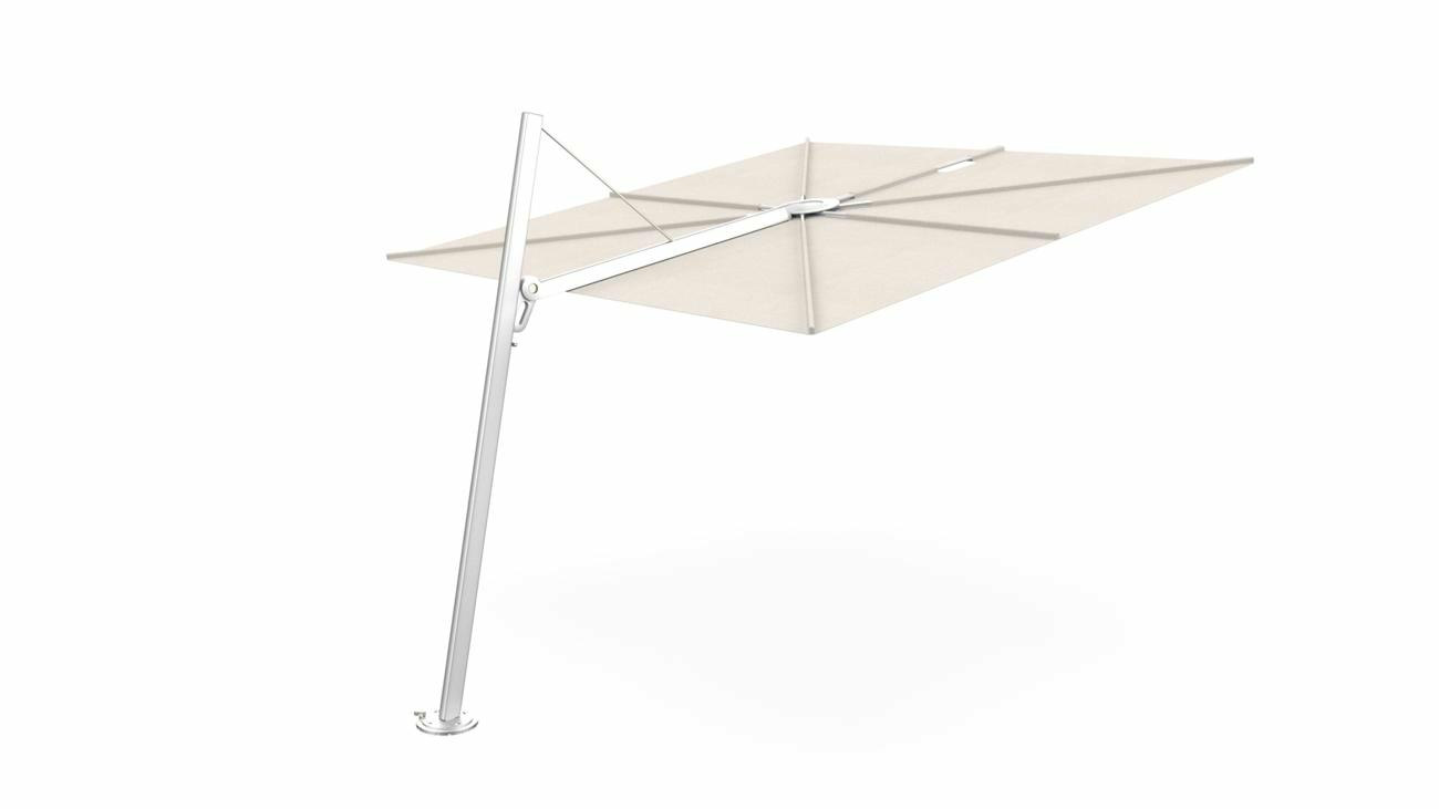 Spectra cantilever umbrella, forward (80°), 300 x 300 square, with frame in Aluminum and Solidum Canvas canopy.