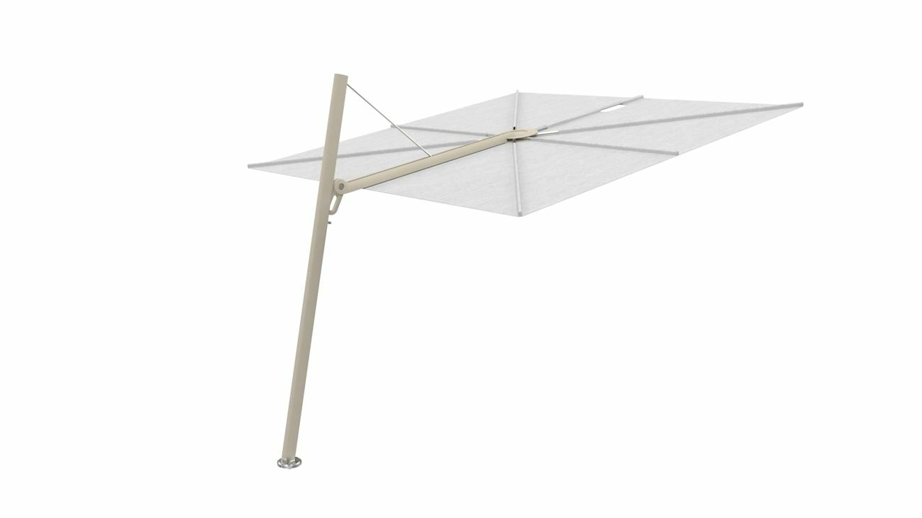 Spectra cantilever umbrella, forward (80°), 300 x 300 square, with frame in Beige Limestone and  Marble canopy.