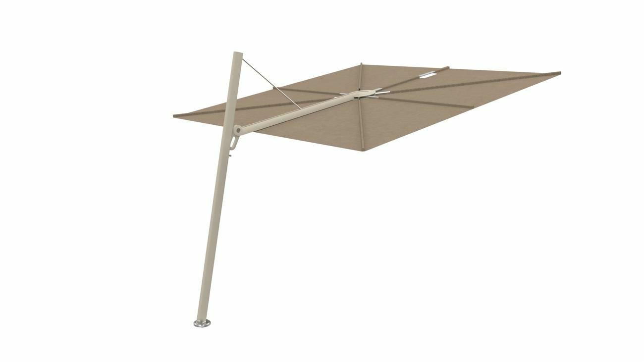 Spectra cantilever umbrella, forward (80°), 300 x 300 square, with frame in Beige Limestone and  Sand canopy.