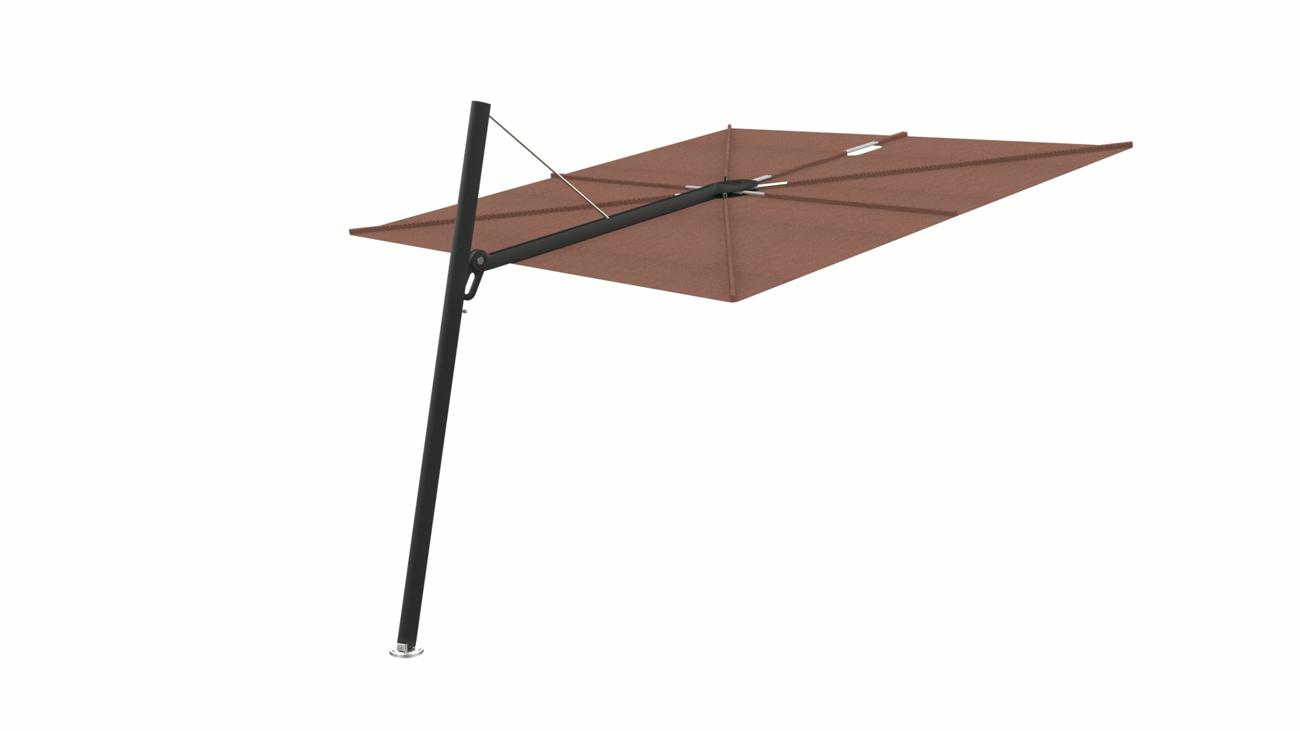 Spectra cantilever umbrella, forward (80°), 300 x 300 square, with frame in Black and Terra canopy.