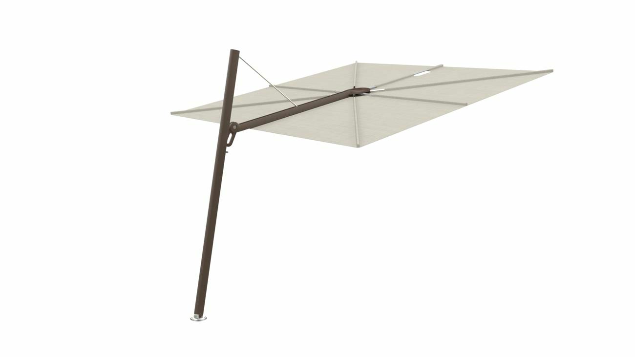 Spectra cantilever umbrella, forward (80°), 300 x 300 square, with frame in Bronze and Lin canopy.