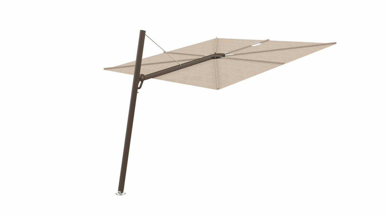 Spectra cantilever umbrella, forward (80°), 300 x 300 square, with frame in Bronze and Avena canopy.