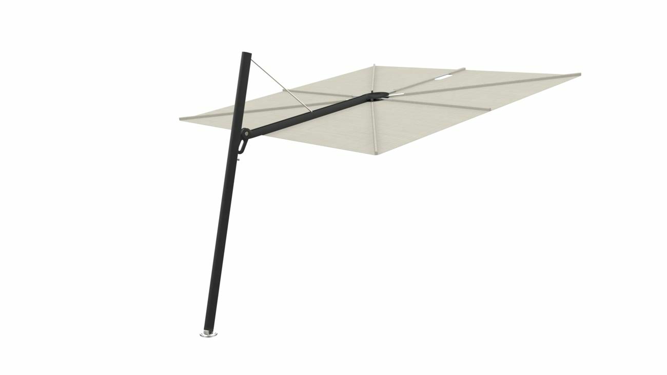 Spectra cantilever umbrella, forward (80°), 300 x 300 square, with frame in Black (15 cm) and Lin canopy.