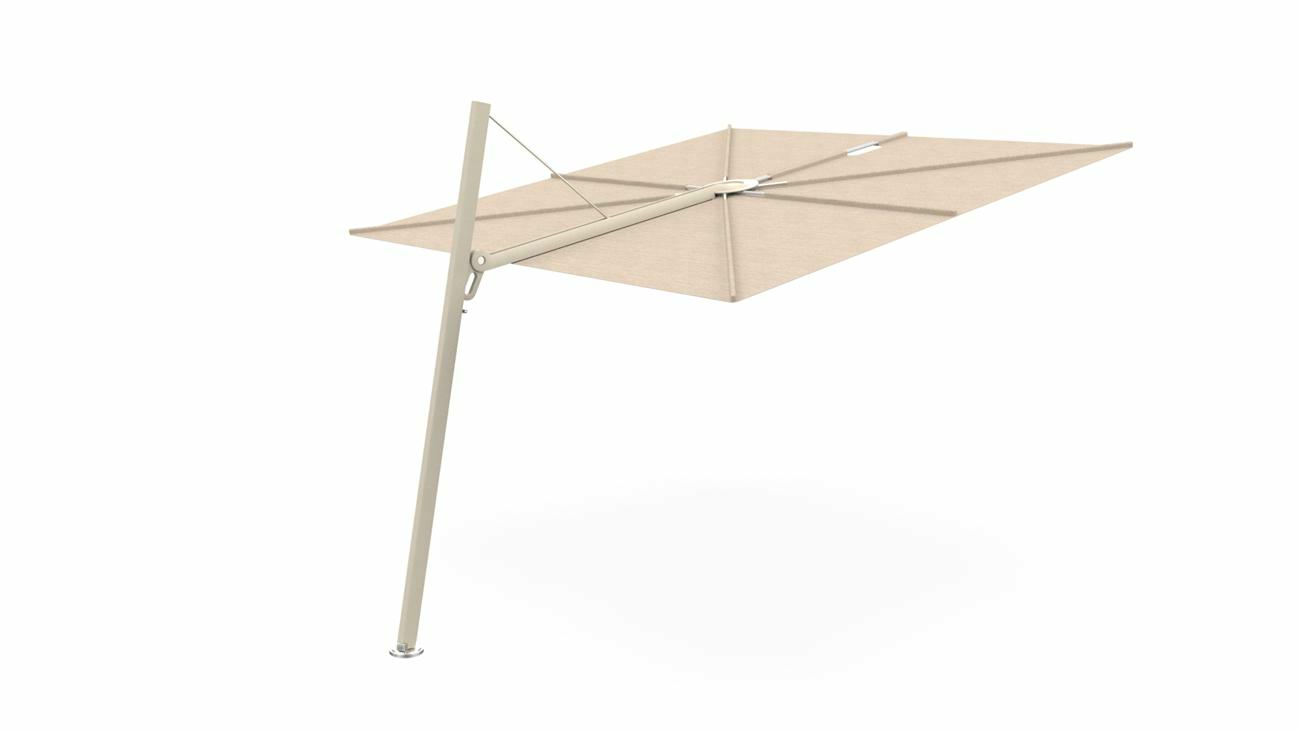 Spectra cantilever umbrella, forward (80°), 300 x 300 square, with frame in Beige Limestone and  Avena canopy.