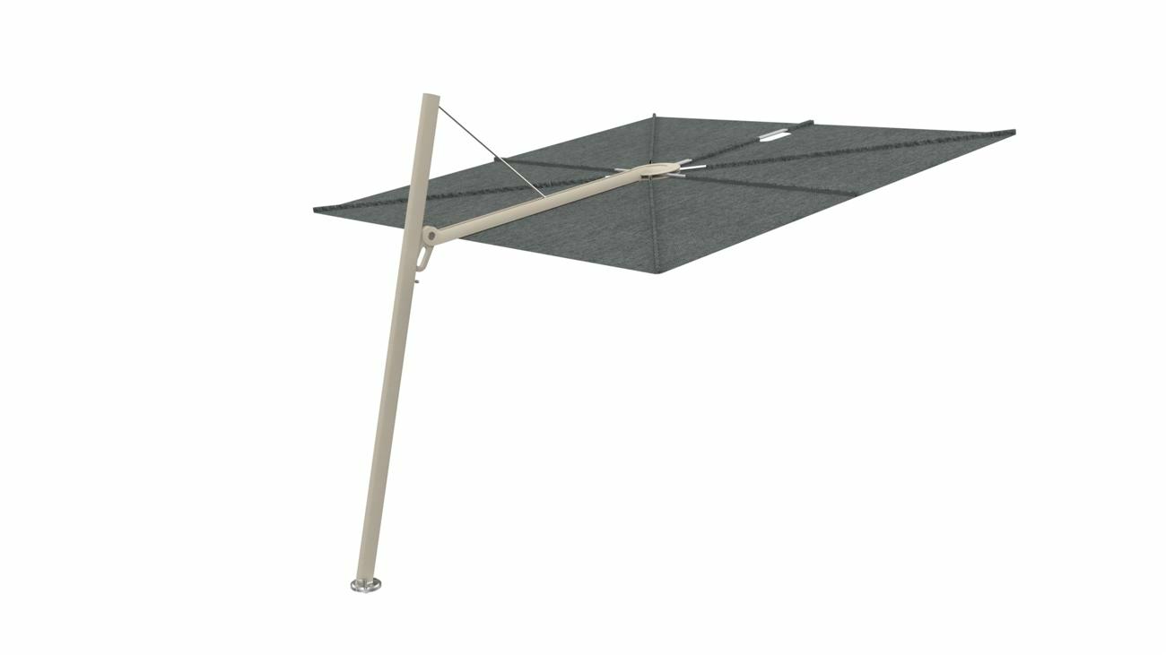Spectra cantilever umbrella, forward (80°), 300 x 300 square, with frame in Beige Limestone and  Flanelle canopy.