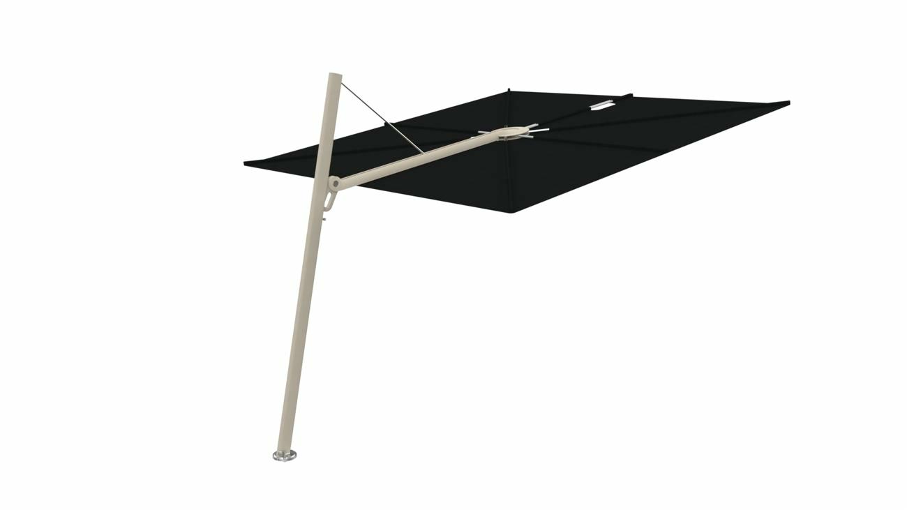 Spectra cantilever umbrella, forward (80°), 300 x 300 square, with frame in Beige Limestone and  Black canopy.