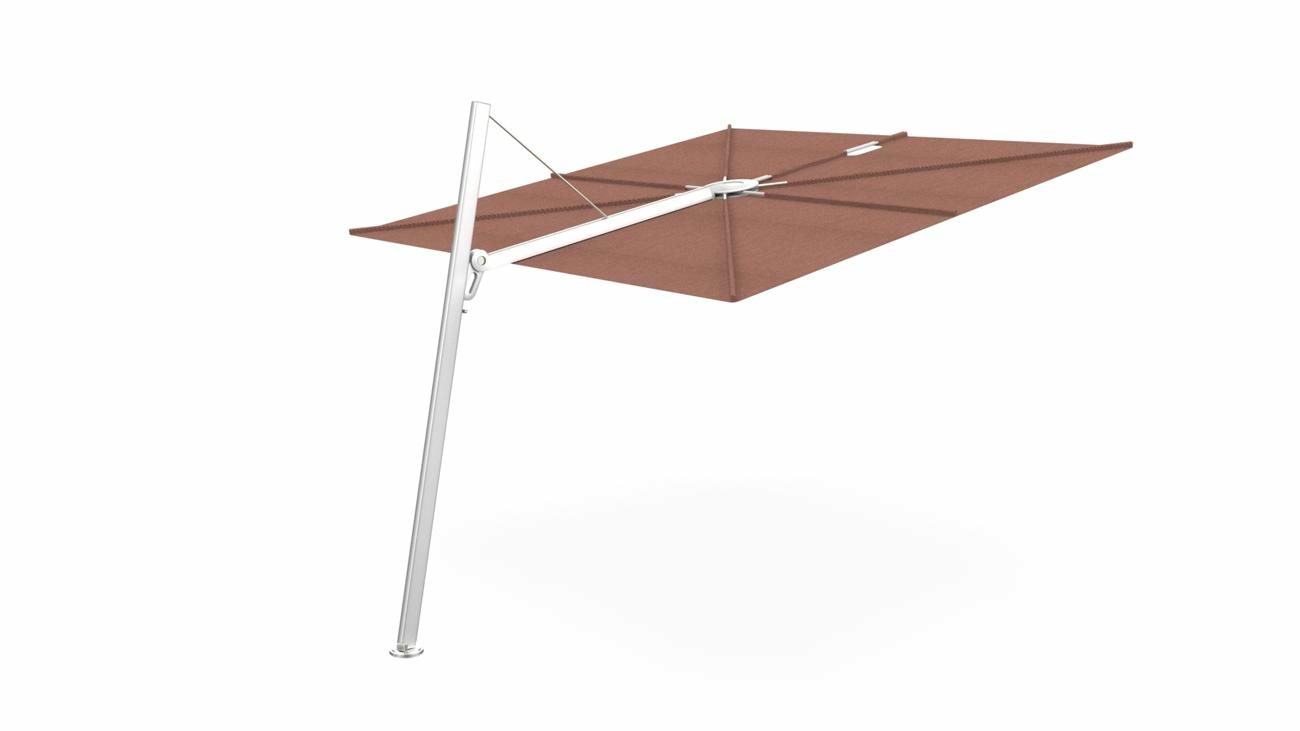 Spectra cantilever umbrella, forward (80°), 300 x 300 square, with frame in Aluminum and Terra canopy.