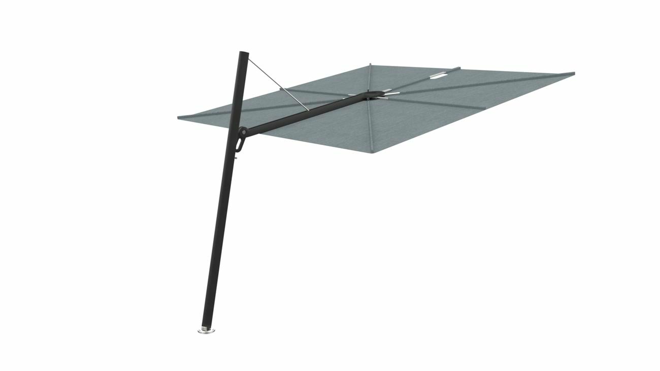 Spectra cantilever umbrella, forward (80°), 300 x 300 square, with frame in Black and Acqua canopy.