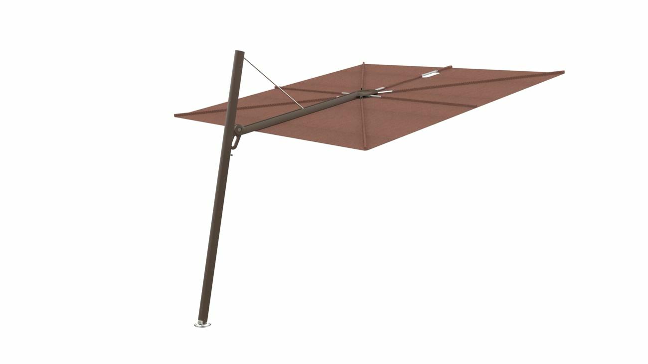 Spectra cantilever umbrella, forward (80°), 300 x 300 square, with frame in Bronze and Terra canopy.
