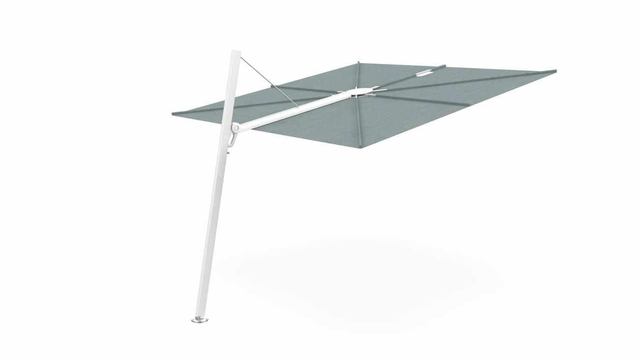 Spectra cantilever umbrella, forward (80°), 300 x 300 square, with frame in White and Acqua canopy.