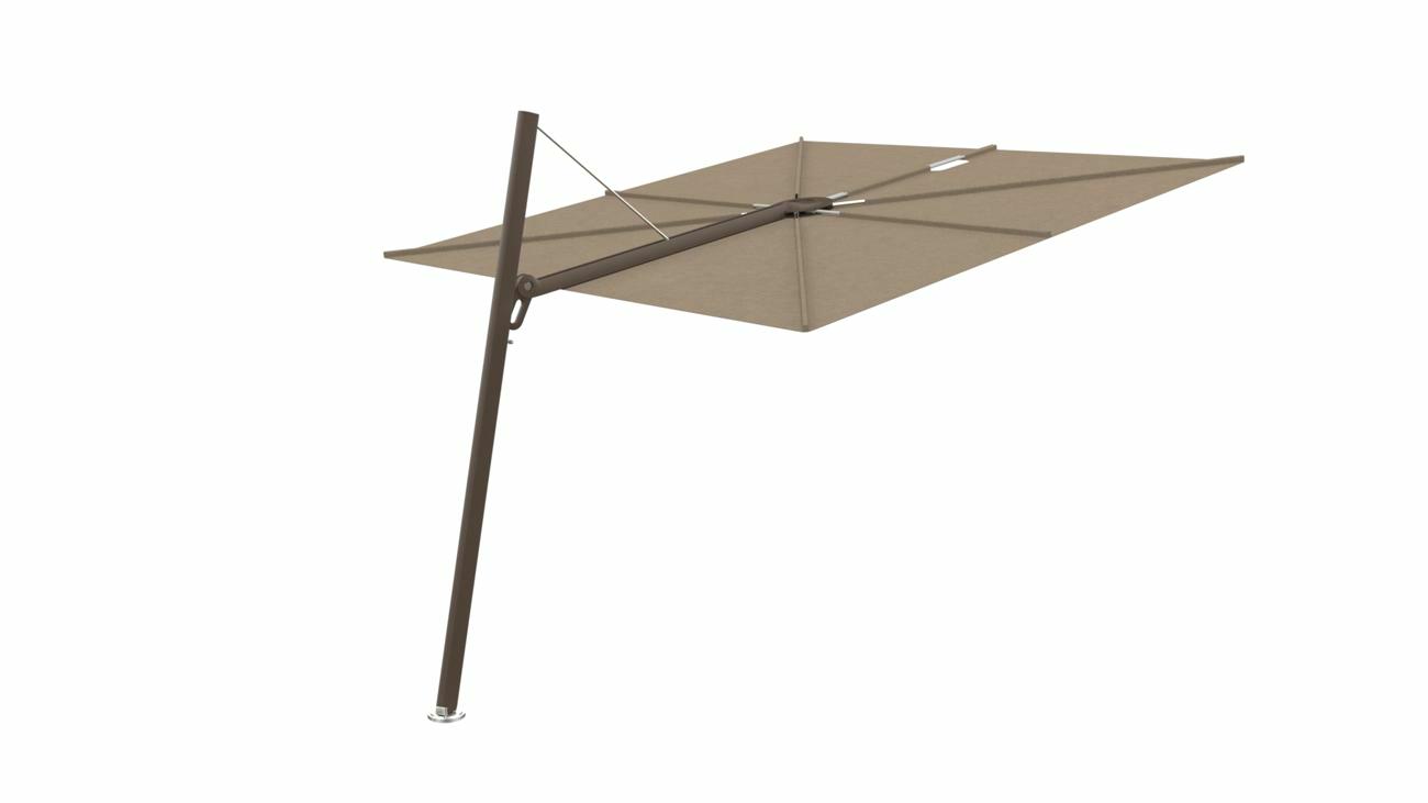 Spectra cantilever umbrella, forward (80°), 300 x 300 square, with frame in Bronze and Sand canopy.