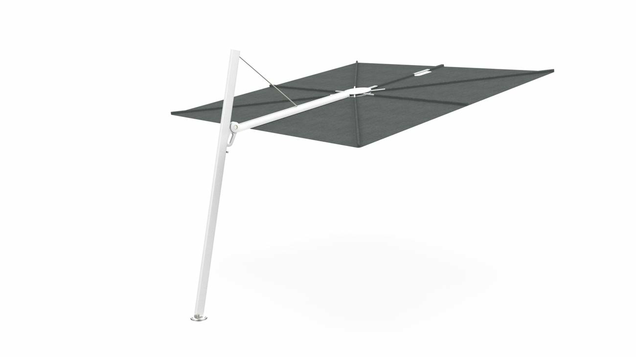Spectra cantilever umbrella, forward (80°), 300 x 300 square, with frame in White and Flanelle canopy.